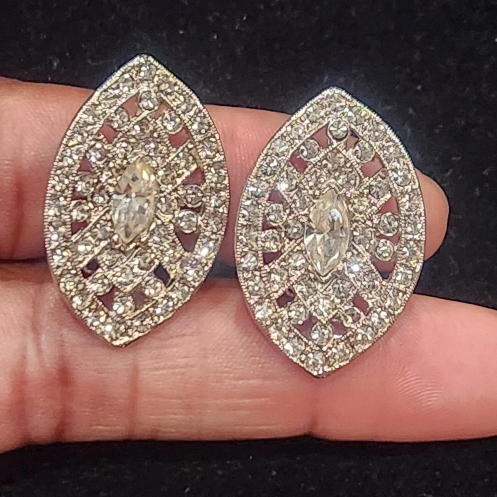 Kenneth Jay Lane Silver Tone Rhinestone Marquise Clip On Statement Earrings